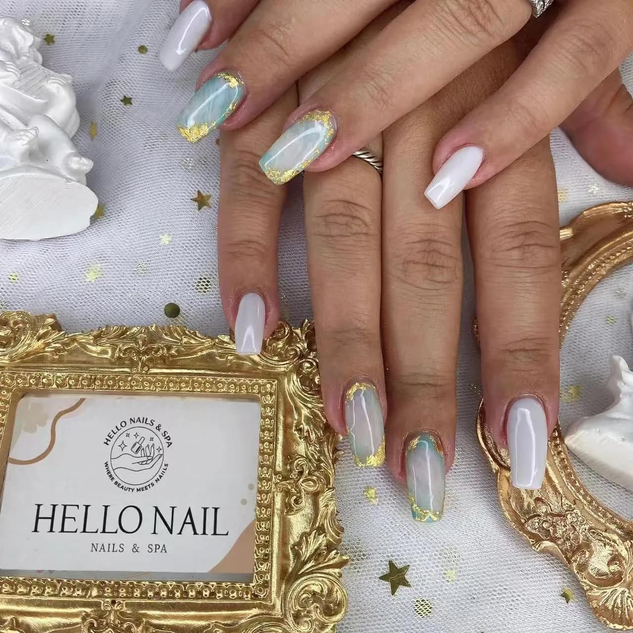 Glazed chrome and milky white nails